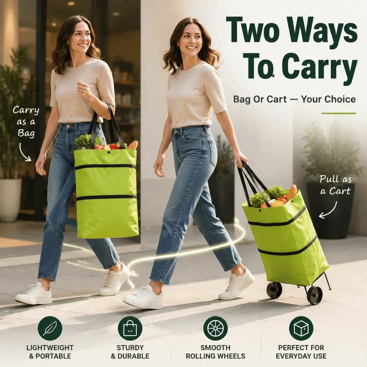 Faltbare Einkaufstasche mit Rollen – 2-in-1 Tragetasche und Trolley