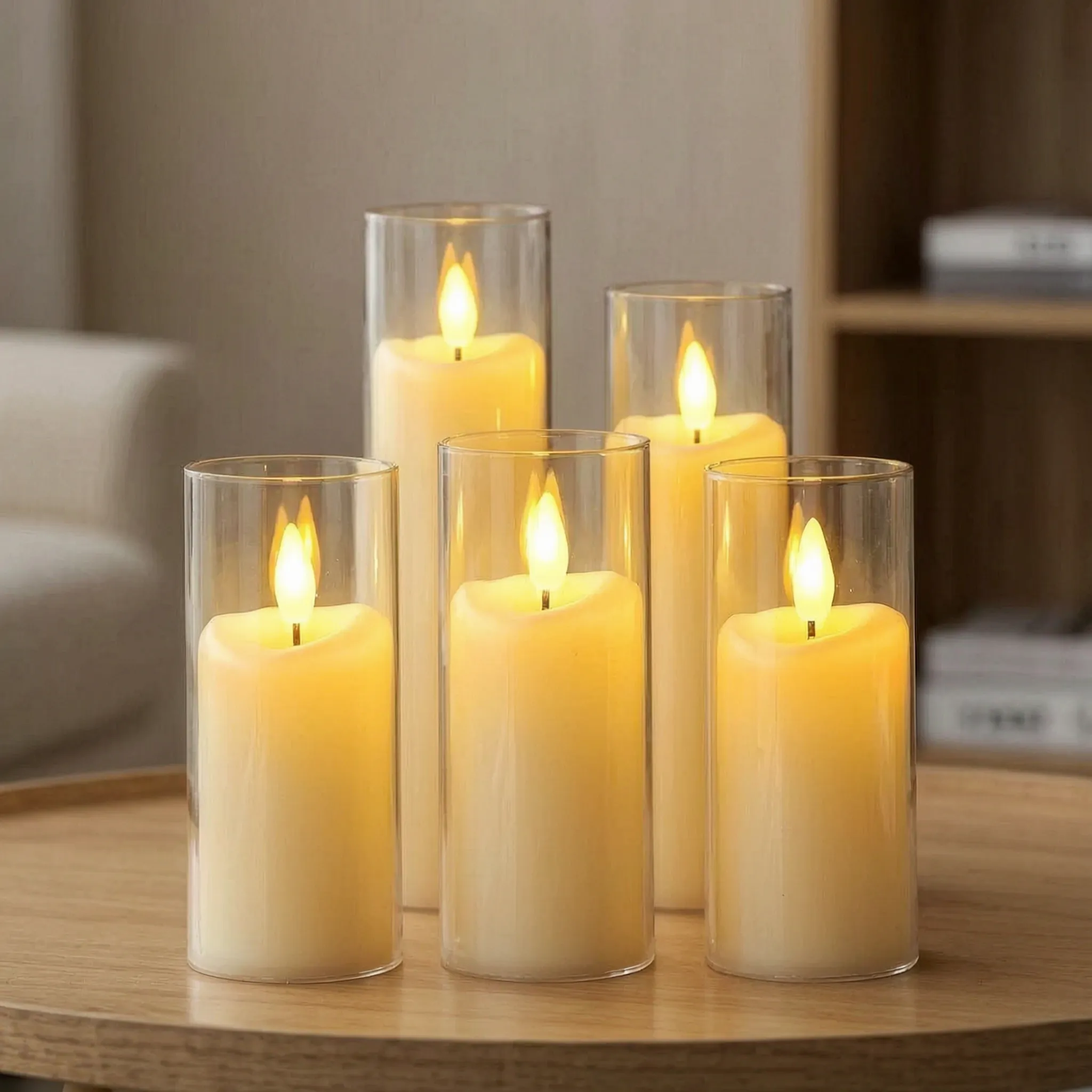 Flammenlose LED-Kerzen in Glaszylinder – 6er-Set verschiedene Höhen