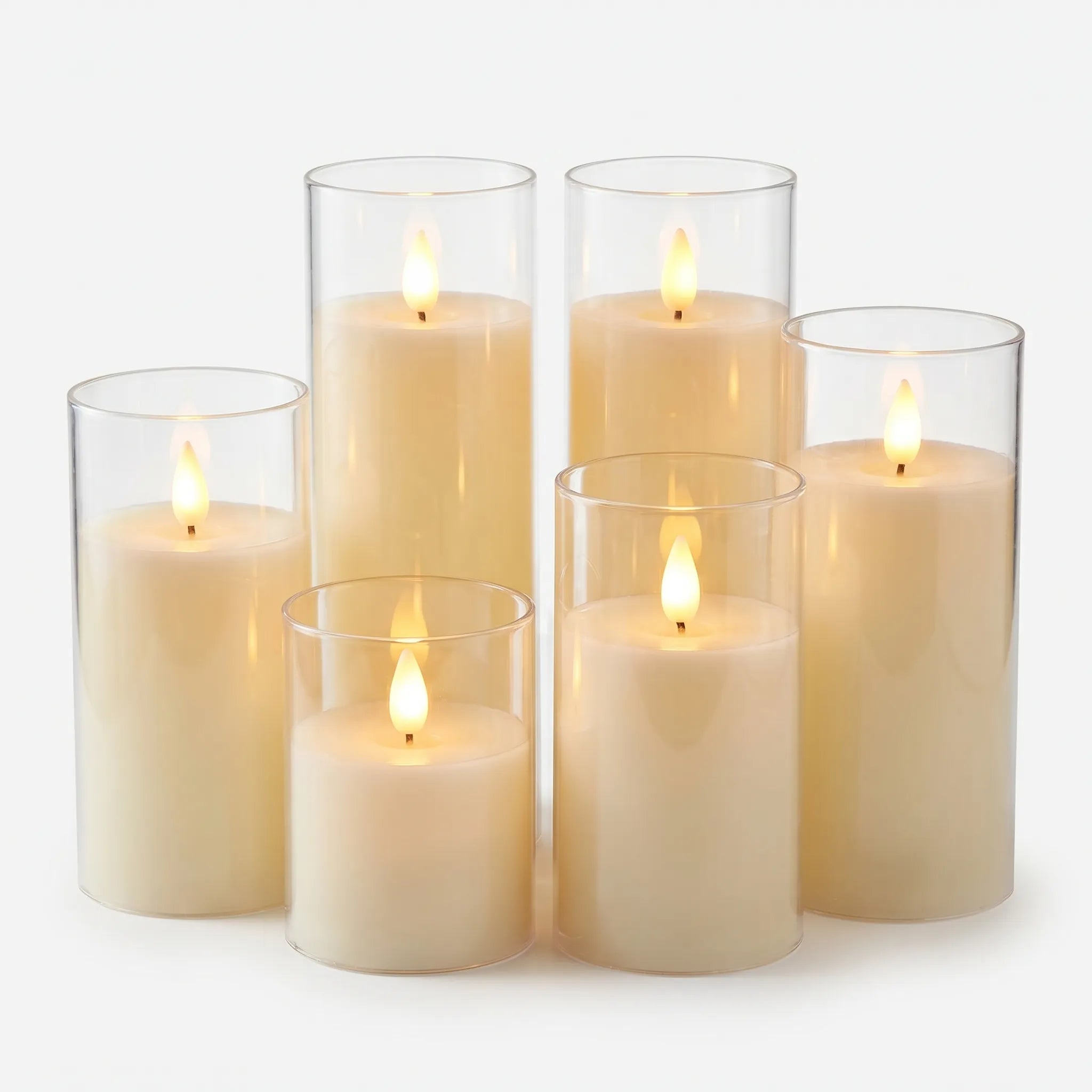 Flammenlose LED-Kerzen in Glaszylinder – 6er-Set verschiedene Höhen