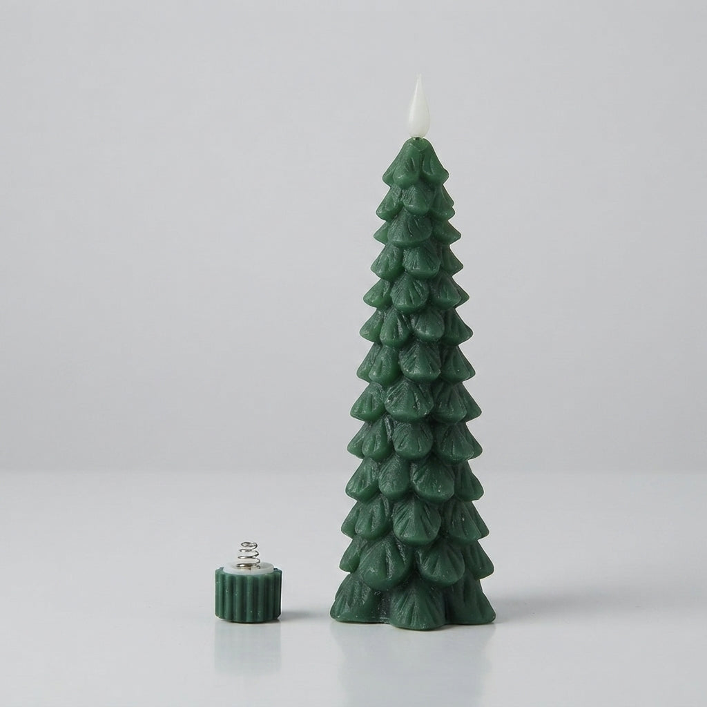 Pine-tree-shaped candle with flame effect and remote control