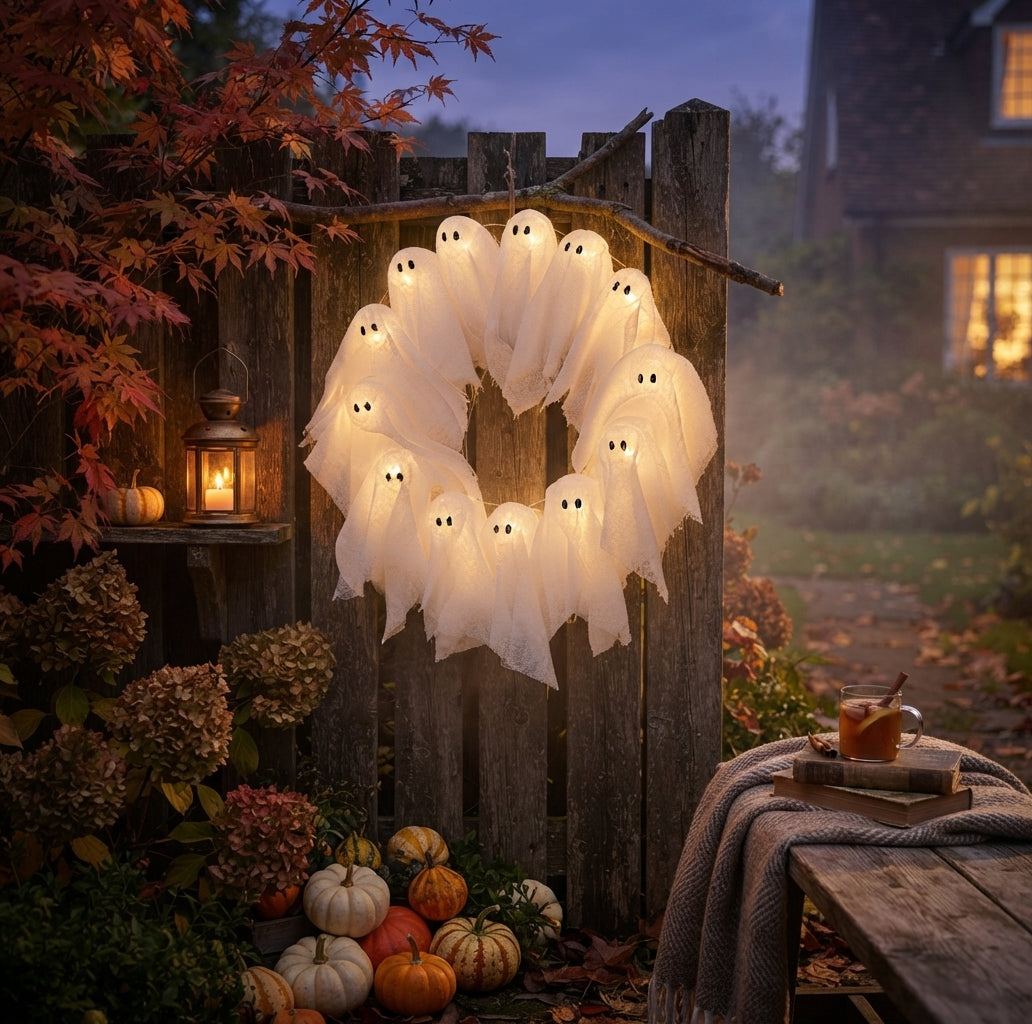 Halloween wreath with LED lighting – 12 glowing ghosts, 31 cm