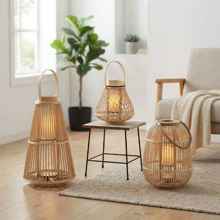 Handgeflochtene Rattanlaterne mit flammenloser LED-Kerze – handgefertigt