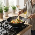 Ceramic wok with glass lid and wooden handle for all stovetops