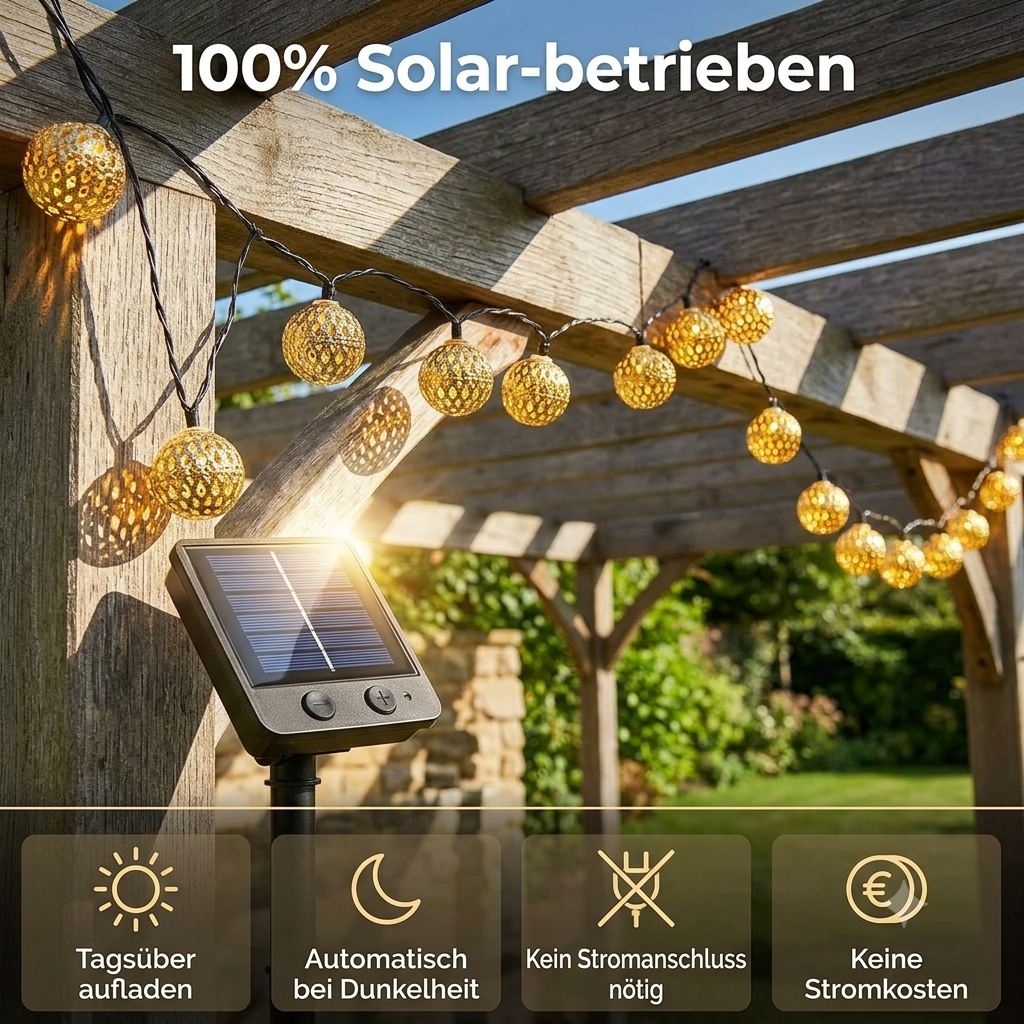 Marokkanische Solar-Lichterkette 12m – 100 LED-Kugeln warmweiß