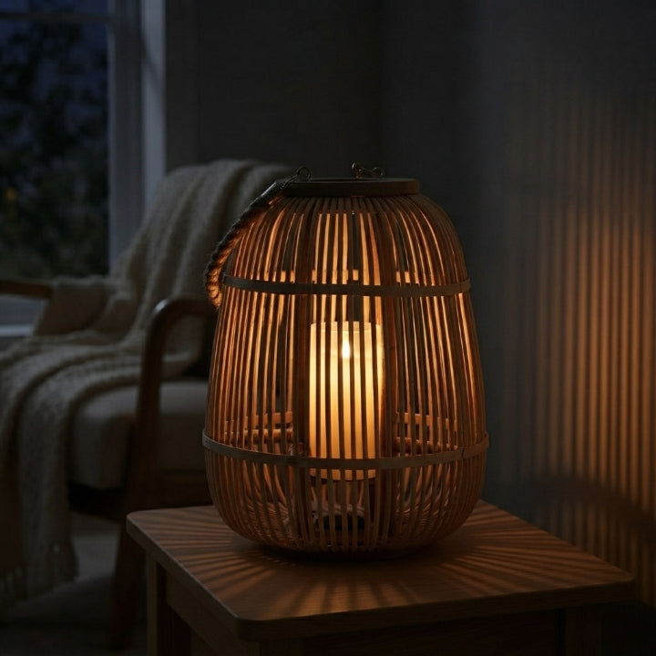 Handgeflochtene Rattanlaterne mit flammenloser LED-Kerze – handgefertigt