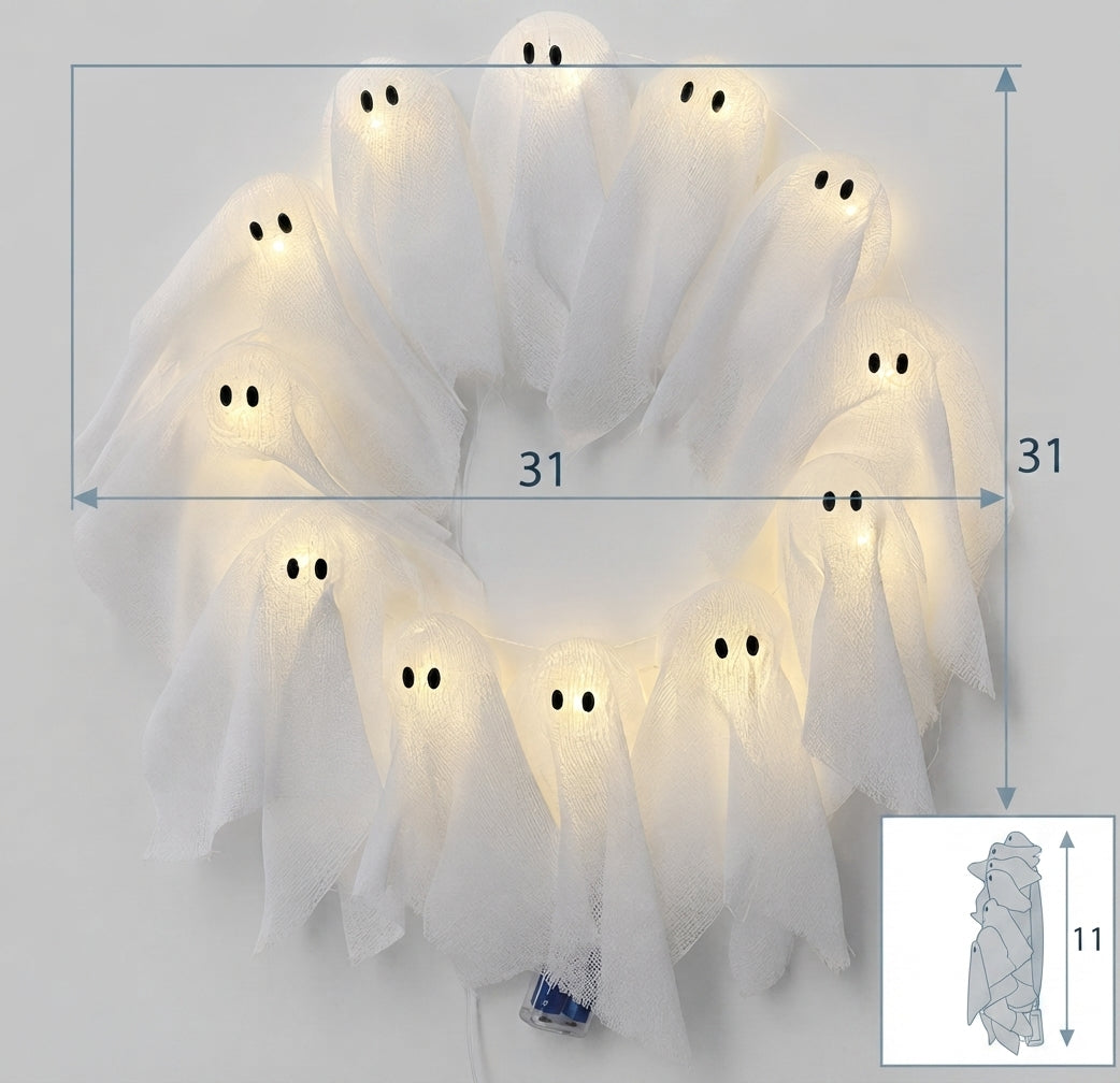 Halloween wreath with LED lighting – 12 glowing ghosts, 31 cm