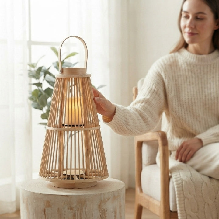 Handgeflochtene Rattanlaterne mit flammenloser LED-Kerze – handgefertigt