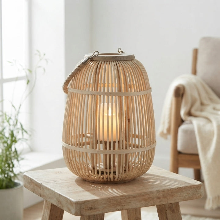 Handgeflochtene Rattanlaterne mit flammenloser LED-Kerze – handgefertigt
