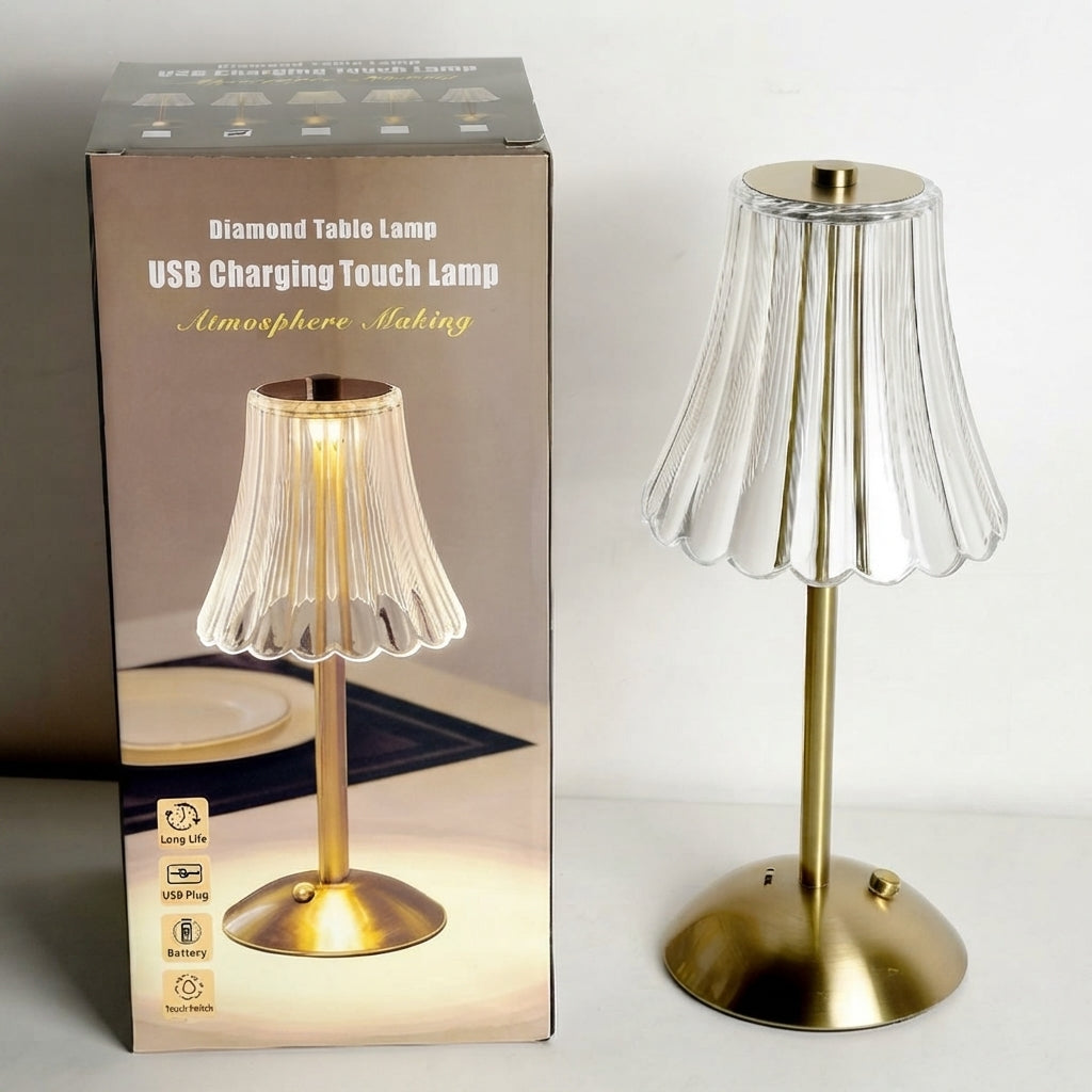 Wireless table lamp with touch dimmer and rechargeable battery in a retro design