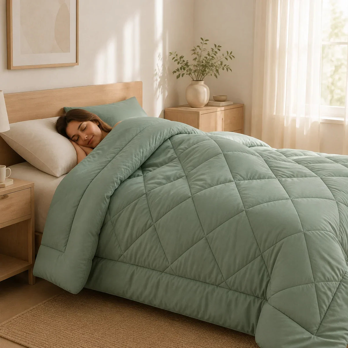 Reversible quilted comforter with diamond stitching - machine washable