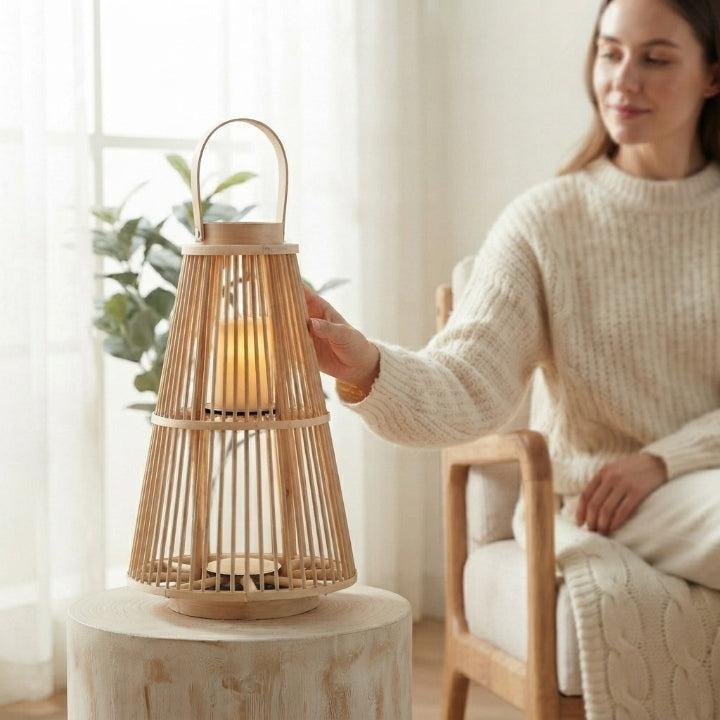 Handgeflochtene Rattanlaterne mit flammenloser LED-Kerze – handgefertigt