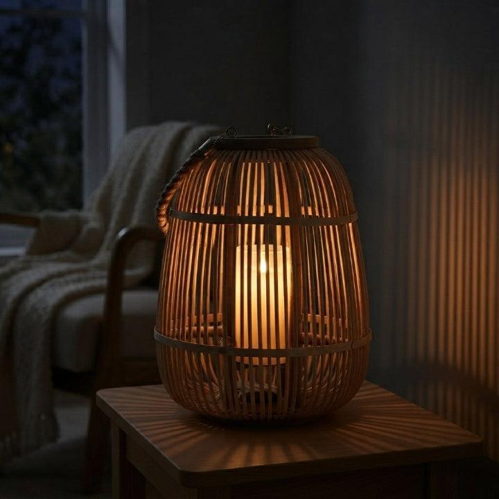Handgeflochtene Rattanlaterne mit flammenloser LED-Kerze – handgefertigt