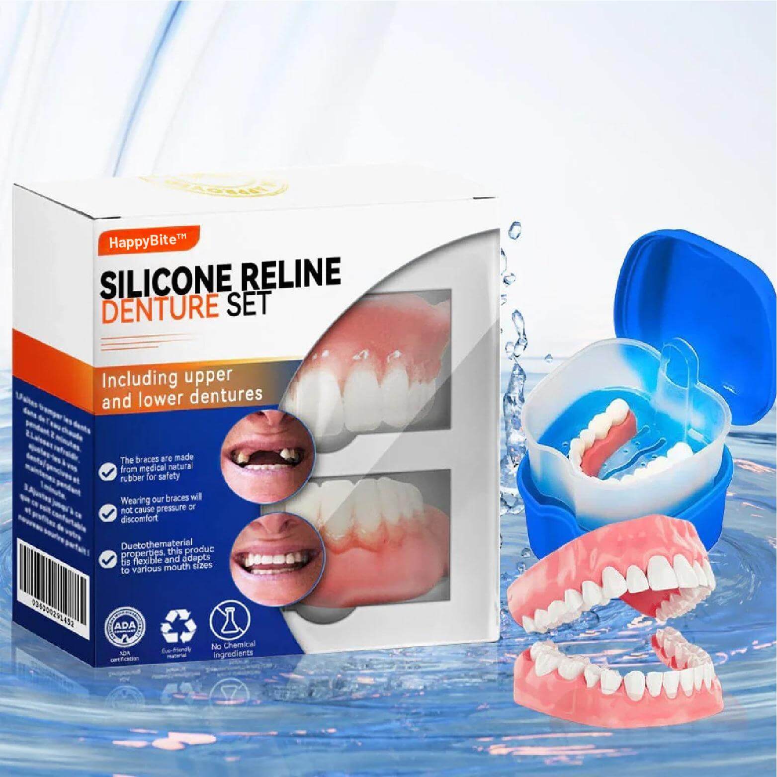 Anpassbares Zahnschienen Set mit Verpackung und blauen Aufbewahrungsbox auf blauem Hintergrund