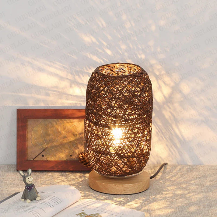 Wooden Table Lamp with Rope Handmade Warm White LED Light