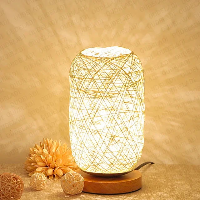 Wooden Table Lamp with Rope Handmade Warm White LED Light