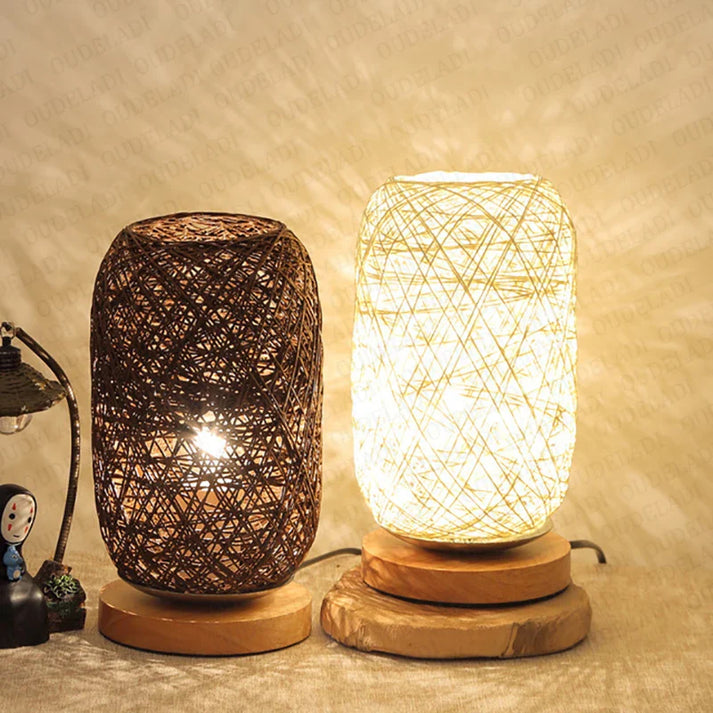 Wooden Table Lamp with Rope Handmade Warm White LED Light