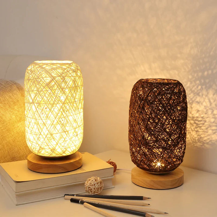 Wooden Table Lamp with Rope Handmade Warm White LED Light