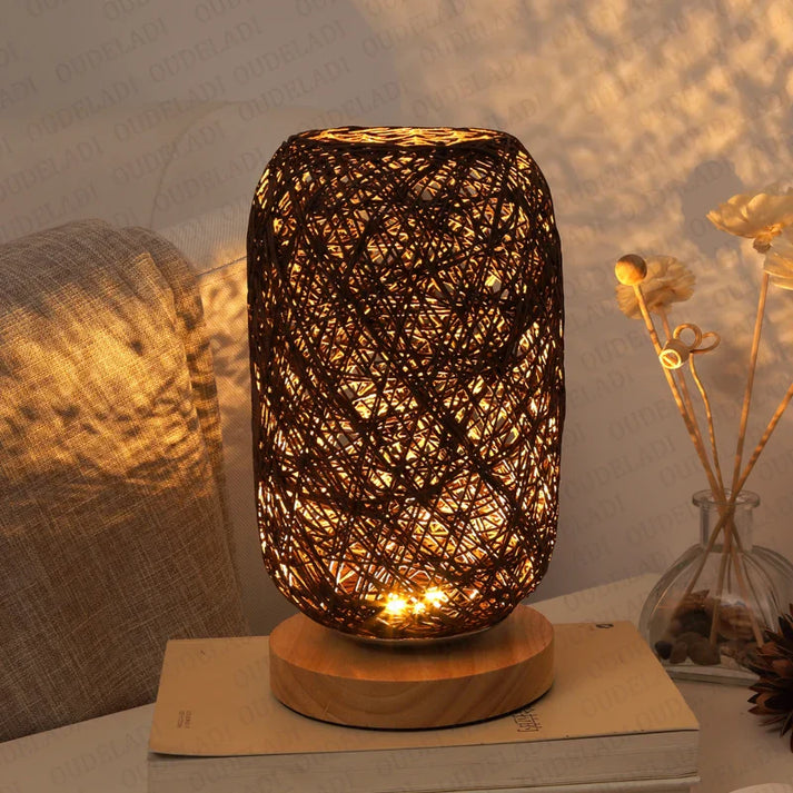 Wooden Table Lamp with Rope Handmade Warm White LED Light