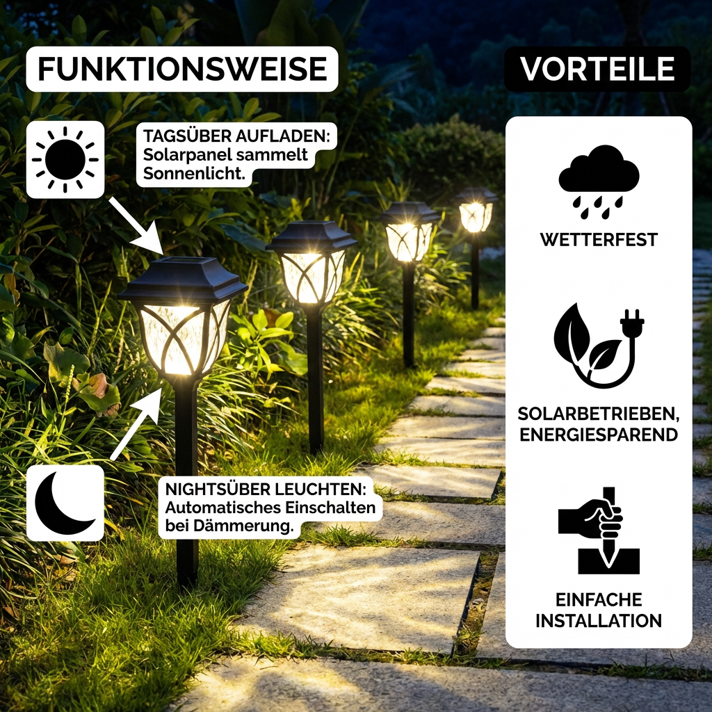Solar LED path lights with dusk sensor for garden paths