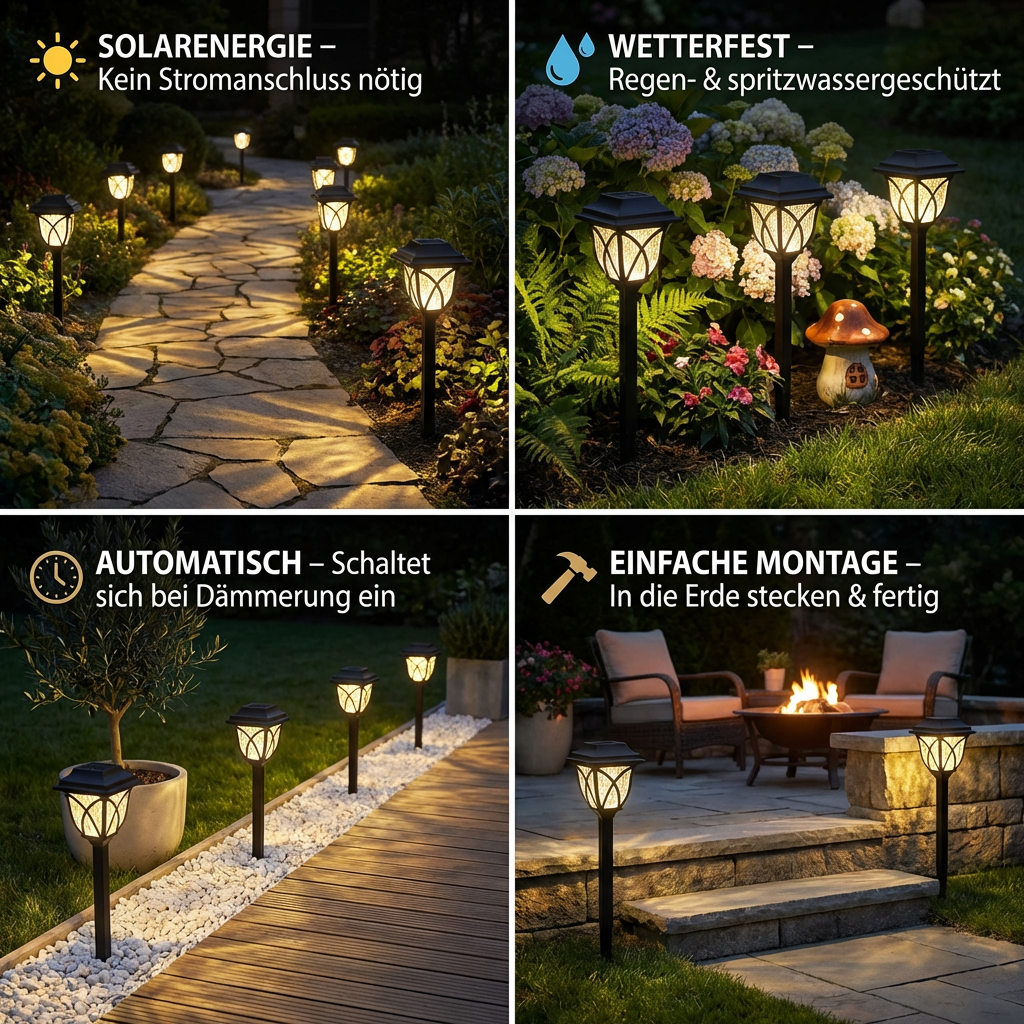 Solar LED path lights with dusk sensor for garden paths