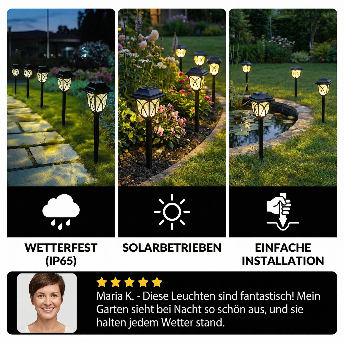 Solar LED path lights with dusk sensor for garden paths