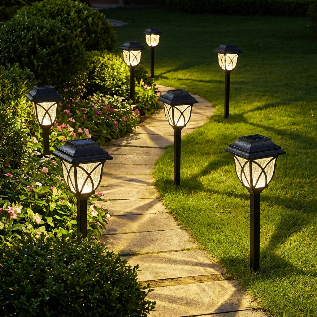 Solar LED path lights with dusk sensor for garden paths