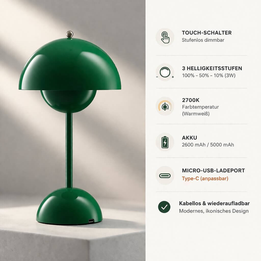 Cordless LED table lamp with battery - dimmable, warm white light