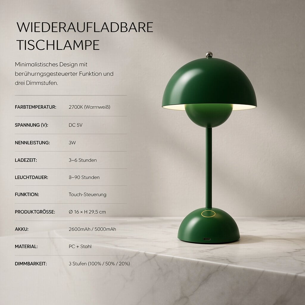 Cordless LED table lamp with battery - dimmable, warm white light