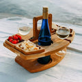 Foldable wooden picnic wine table with glass holder and snack compartments