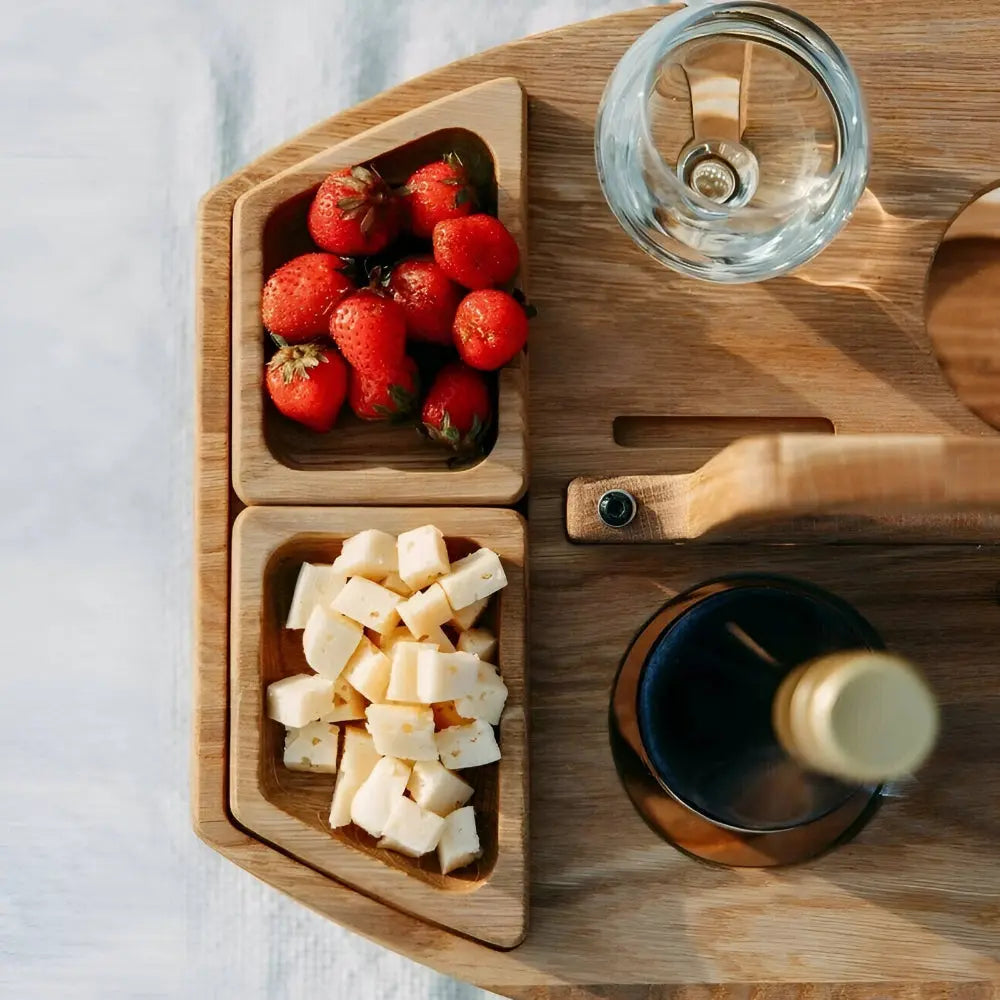 Foldable wooden picnic wine table with glass holder and snack compartments