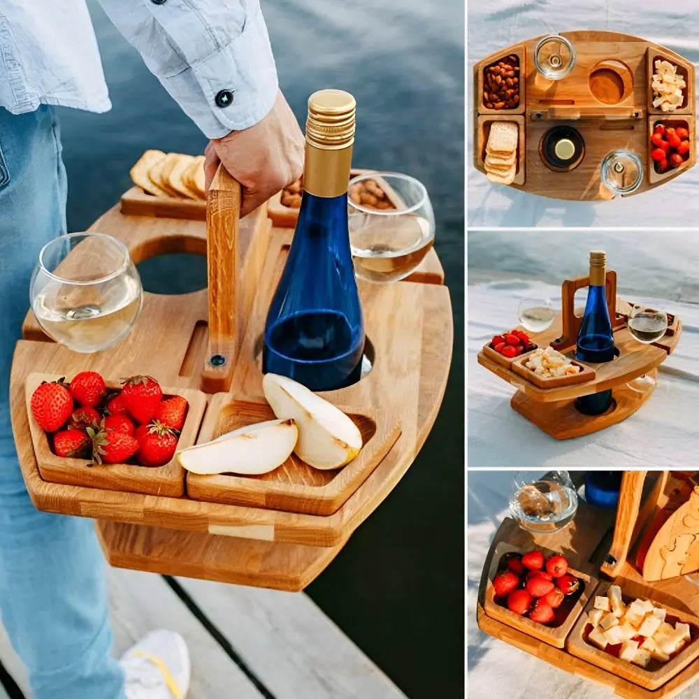 Foldable wooden picnic wine table with glass holder and snack compartments