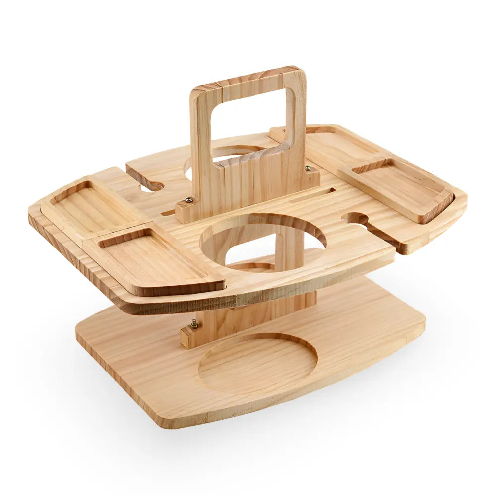 Foldable wooden picnic wine table with glass holder and snack compartments