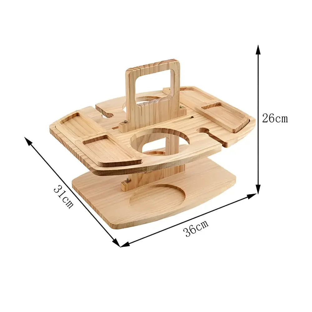 Foldable wooden picnic wine table with glass holder and snack compartments