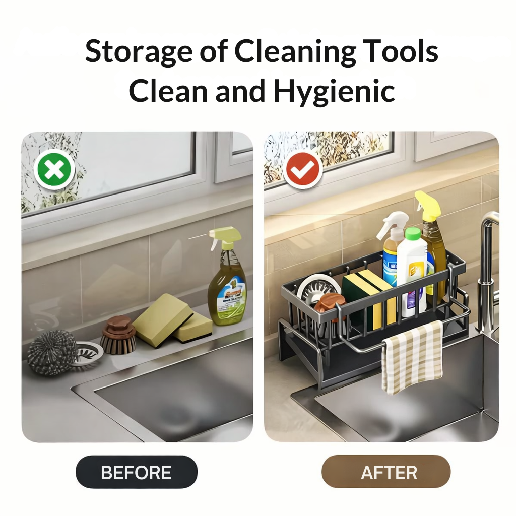 Stainless steel sink organizer with towel holder and draining tray