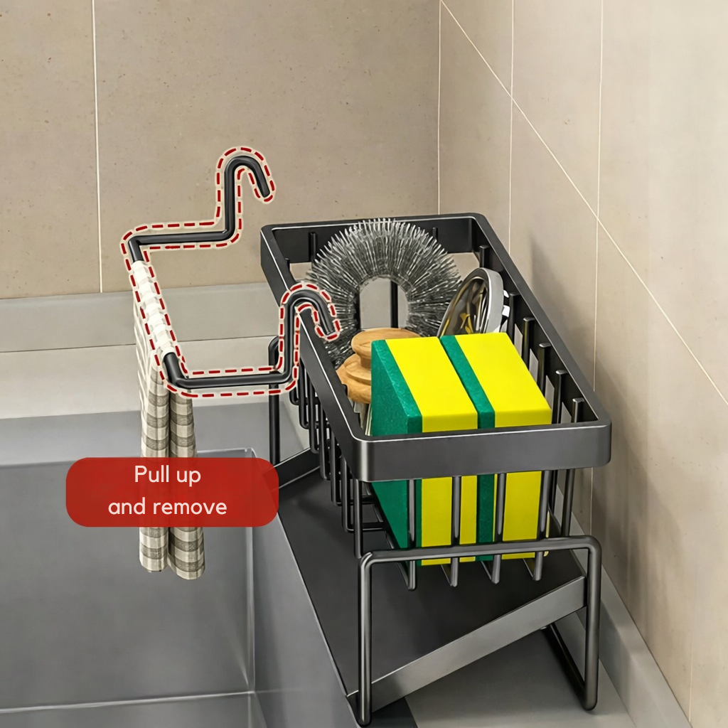 Stainless steel sink organizer with towel holder and draining tray