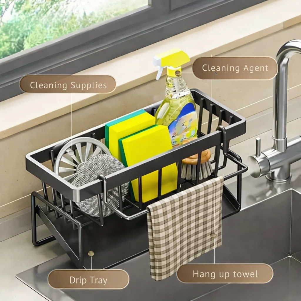 Stainless steel sink organizer with towel holder and draining tray