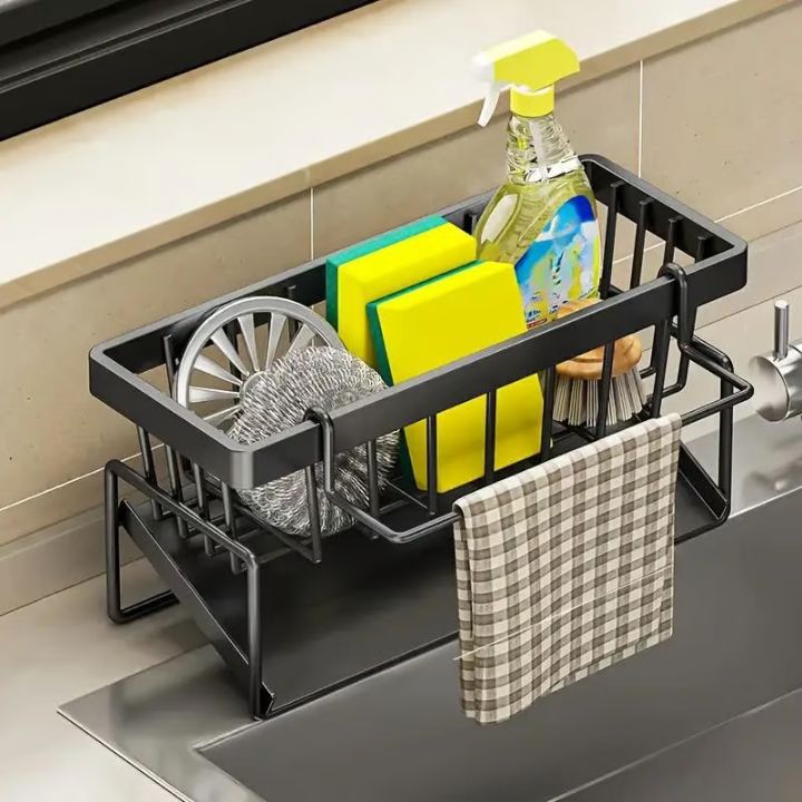 Stainless steel sink organizer with towel holder and draining tray