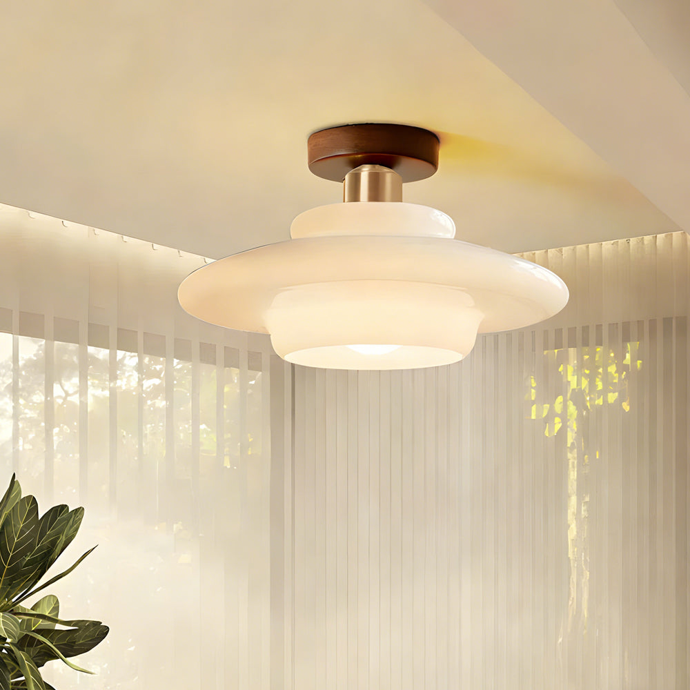 Hallway ceiling light made of walnut wood with glass - flat and stylish