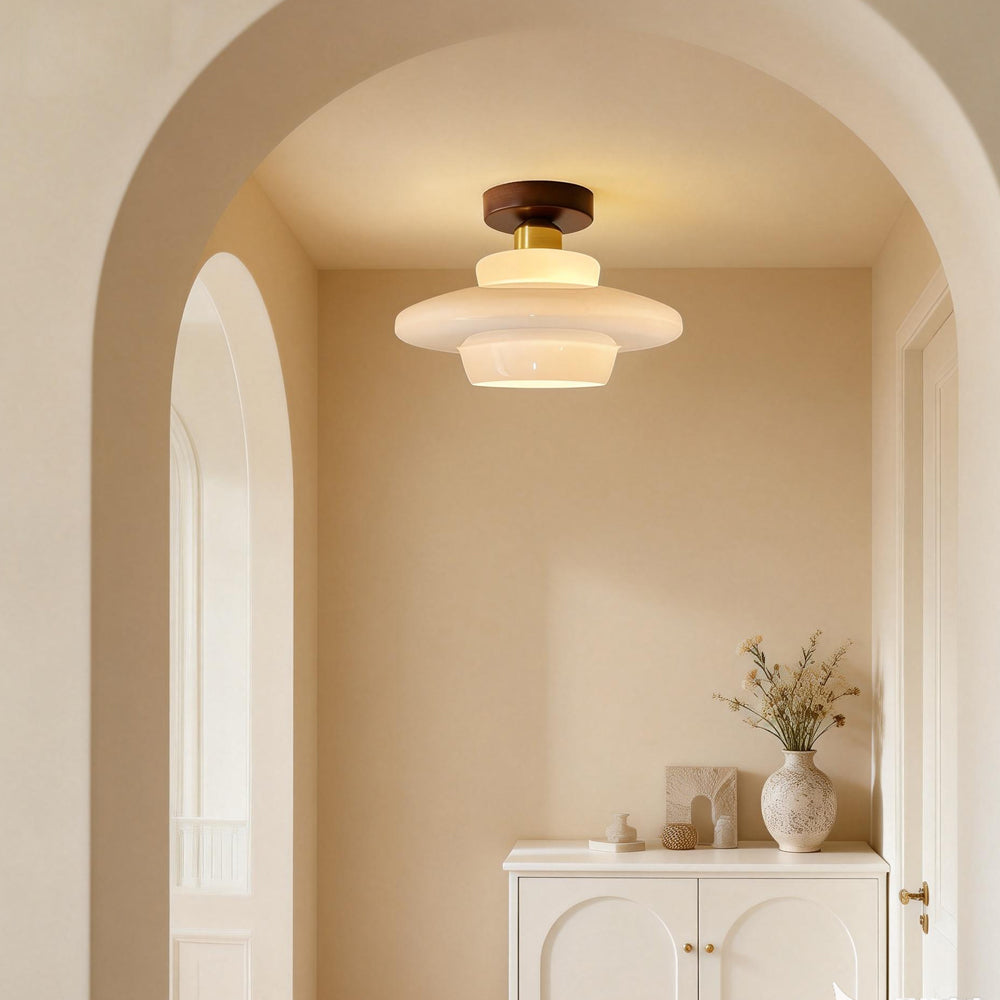 Hallway ceiling light made of walnut wood with glass - flat and stylish