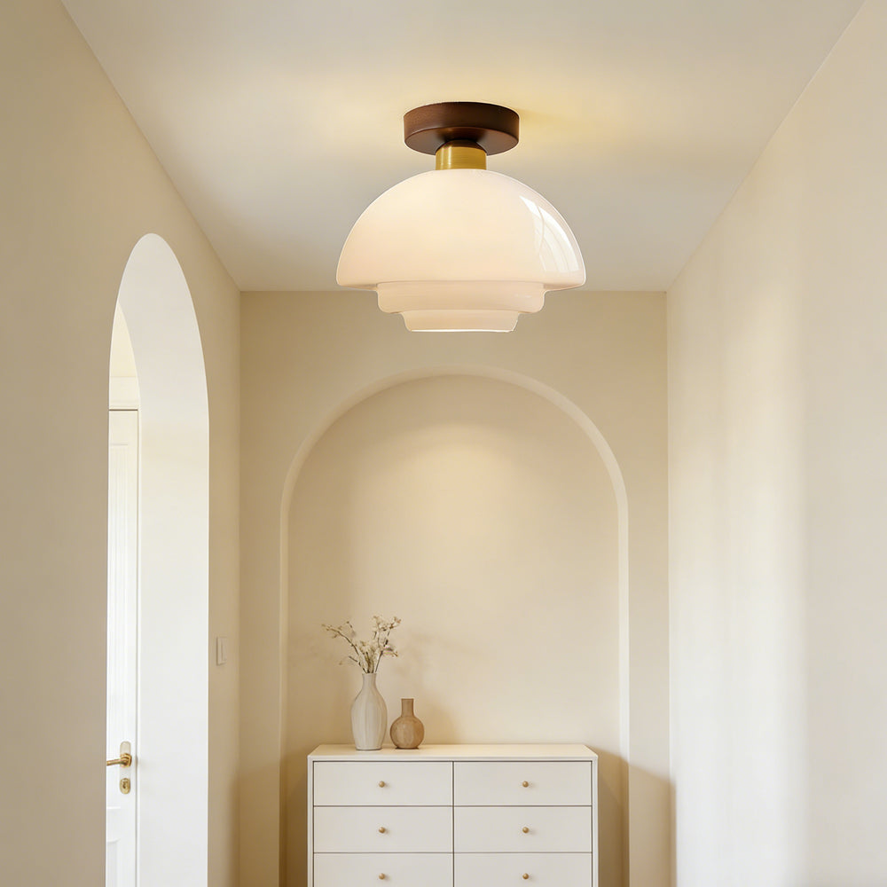 Hallway ceiling light made of walnut wood with glass - flat and stylish