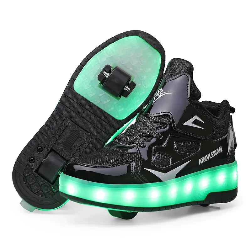 Children's shoes with fold-out wheels and illuminated LED sole