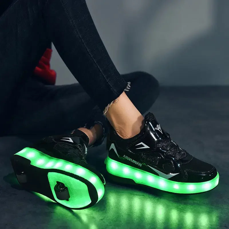 Children's shoes with fold-out wheels and illuminated LED sole