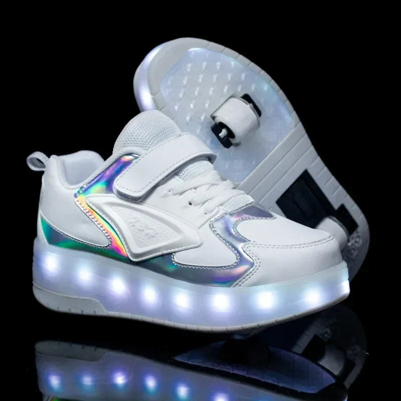 Children's shoes with fold-out wheels and illuminated LED sole