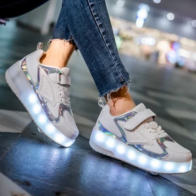 Children's shoes with fold-out wheels and illuminated LED sole