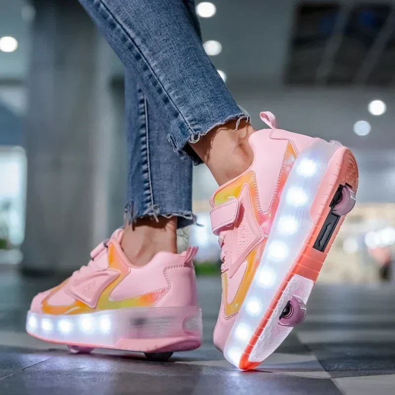 Children's shoes with fold-out wheels and illuminated LED sole