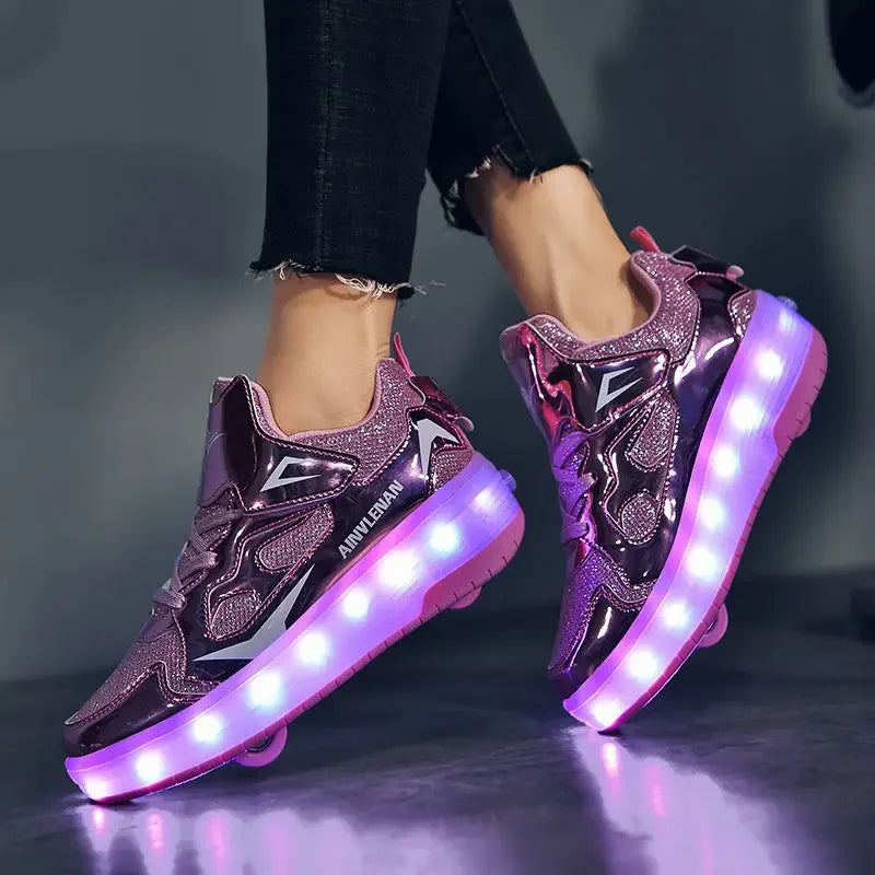 Children's shoes with fold-out wheels and illuminated LED sole