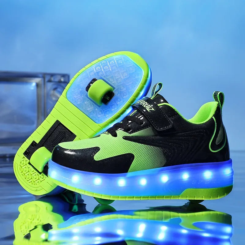 Children's shoes with fold-out wheels and illuminated LED sole