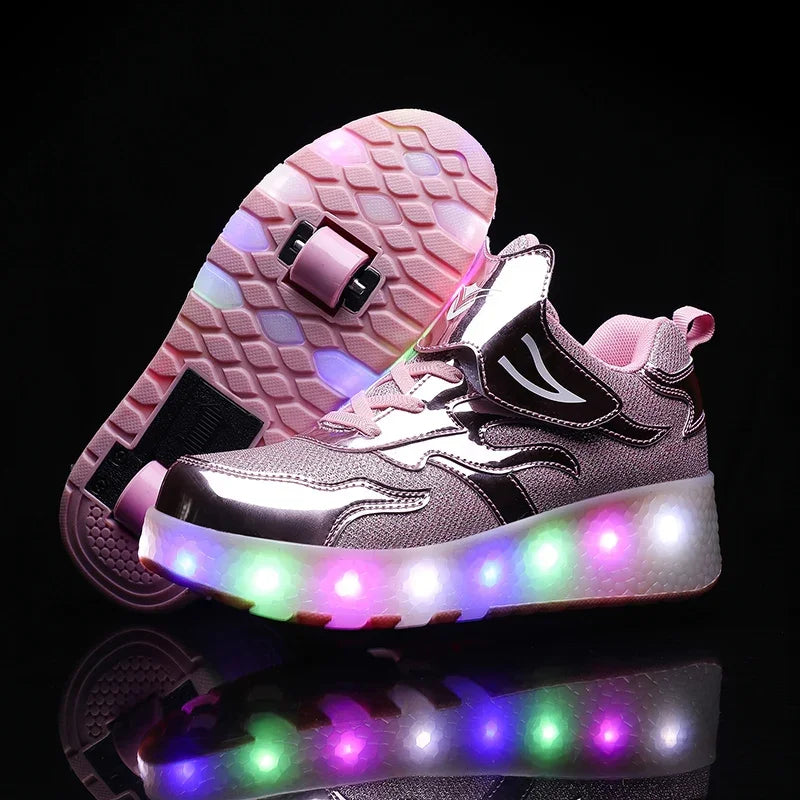 Children's shoes with fold-out wheels and illuminated LED sole
