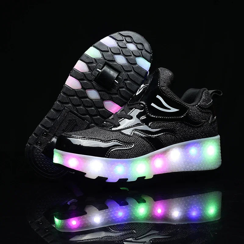Children's shoes with fold-out wheels and illuminated LED sole