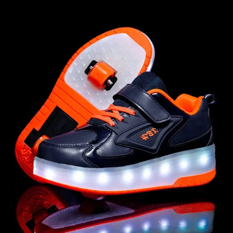 Children's shoes with fold-out wheels and illuminated LED sole